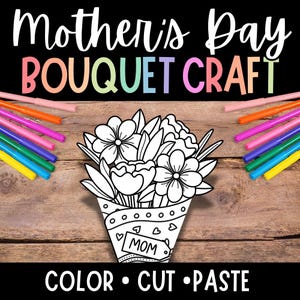 Artesanato para o Dia das Mães, Buquê para a Mãe, Artesanato para Colorir para o Dia das Mães, Presente para o Dia das Mães, Artesanato de Flores para Imprimir para a Mãe, Flores para o Dia das Mães