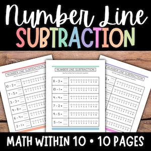 Number Line Subtraction, Kindergarten Math Worksheets, Equations within 10, Subtraction Equations, Subtraction within 10, First Grade Math