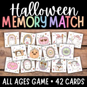 May include: A Halloween Memory Match game with 42 cards. The cards feature cute illustrations of ghosts, pumpkins, and other Halloween-themed images. The game is designed for all ages and is displayed on a black background.