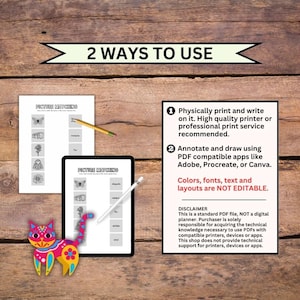 May include: An image showing a digital planner with the text "2 WAYS TO USE". The image includes a printed page, a tablet with a stylus, and a colorful cat figurine. The text describes how to use the planner.