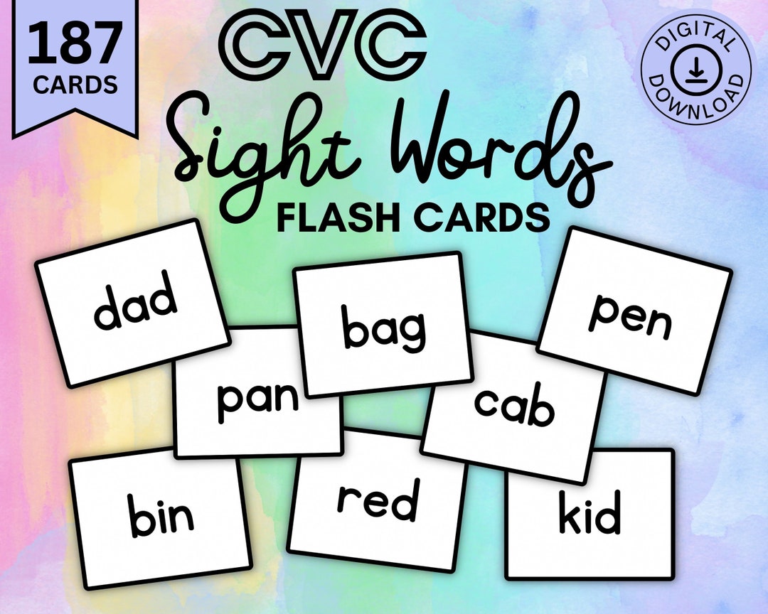 CVC Sight Word Flash Cards Printable, Kindergarten Reading, Preschool