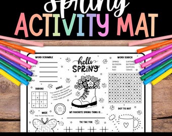 Spring Activity Mat, Spring Games, Spring Printable Placemat, Riddle, Coloring, Sudoku, Word Search, Word Scramble, Dot to Dot, Maze, Puzzle