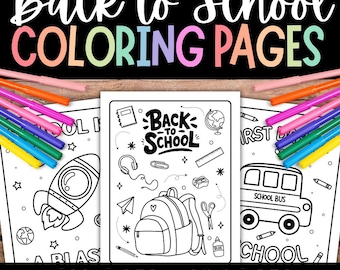 Op de afbeelding: Zwart-wit kleurplaten met de tekst "Back to School Coloring Pages". De pagina's bevatten schoolthema-illustraties, waaronder een raket, rugzak en schoolbus. De tekst "All Ages • 12 Pages" is ook opgenomen.