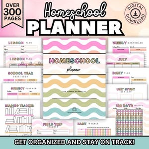 May include: A colorful digital homeschool planner with over 300 pages. The planner includes a variety of templates for lesson plans, subject trackers, reading logs, field trips, habit trackers, and more. The planner is designed to help homeschool families stay organized and on track.