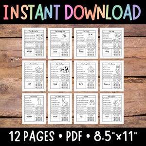 May include: A set of 12 printable worksheets for kids to learn about different animals. Each worksheet features a black and white illustration of an animal, such as a butterfly, bee, frog, dog, cat, bug, bird, bunny, worm, snail, fly, and squirrel. The worksheets include a fill-in-the-blank activity where children can write the name of the animal and trace the letters.