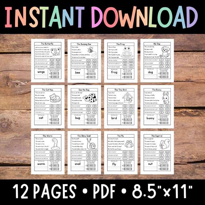 May include: A set of 12 printable worksheets for kids to learn about different animals. Each worksheet features a black and white illustration of an animal, such as a butterfly, bee, frog, dog, cat, bug, bird, bunny, worm, snail, fly, and squirrel. The worksheets include a fill-in-the-blank activity where children can write the name of the animal and trace the letters.