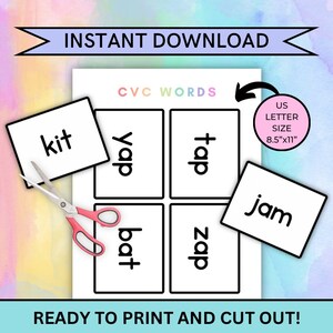 May include: Printable CVC word cards for kids. The cards feature words like "kit", "yap", "tap", "zap", "bat", and "jam". The cards are ready to print and cut out. The image shows a pair of scissors cutting out one of the cards.