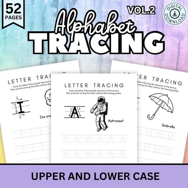 Pode incluir: Folhas de trabalho de tra&ccedil;ado de alfabeto imprim&iacute;veis em preto e branco para crian&ccedil;as. As folhas de trabalho apresentam letras mai&uacute;sculas e min&uacute;sculas com setas para guiar o tra&ccedil;ado. As folhas de trabalho tamb&eacute;m incluem ilustra&ccedil;&otilde;es de um cone de sorvete, um astronauta e um guarda-chuva.