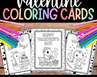 Dinosaur Valentine's Day Coloring Cards: Kids Activity (PDF Download)