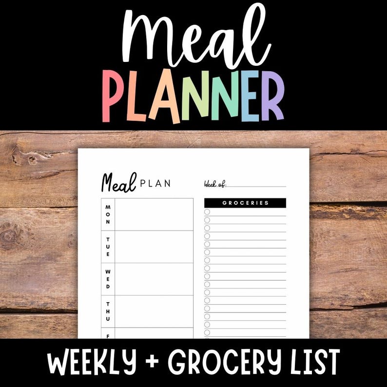 Weekly Meal Planner Printable Meal Planning Grocery List Meal Plan Menu for Diet Tracking image 1