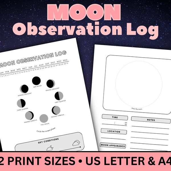 Moon Observation Log, Lunar Diary, Moon Log Book, Moon Gazing, Moon Watch, Night Sky Log, Astronomy Logbook, Science Notebook, Moon Journal