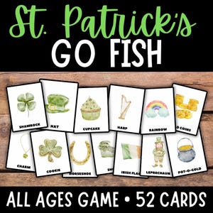 St. Patrick's Day Go Fish-Spiel, St. Patty's Day-Kartenspiel, druckbare Go Fish-Karten, Homeschool-Spiele, Familiennacht-druckbare Spiele für Kinder