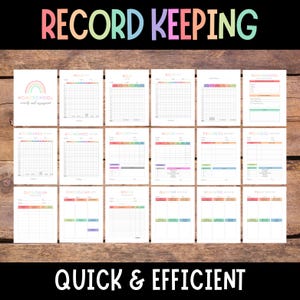May include: A set of printable homeschool record keeping forms with a rainbow design. The forms include attendance, report cards, curriculum, and grade trackers. The text "RECORD KEEPING" is at the top of the image and "QUICK & EFFICIENT" is at the bottom.