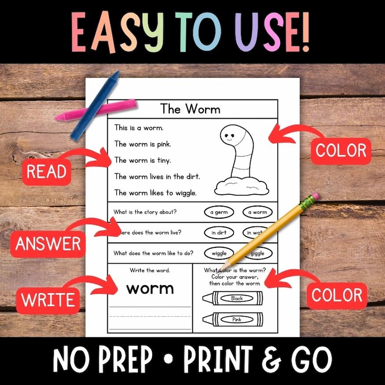 May include: A printable worksheet for kids featuring a cartoon worm. The worksheet includes reading, writing, and coloring activities. The text on the worksheet says "The Worm" and includes the words "read", "answer", "write", and "color".