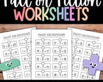 May include: Black and white printable worksheets with the title "Fact or Fiction?" and the text "Numbers Within 20 - 16 Pages". The worksheets feature math equations for children to solve and determine if they are true or false.