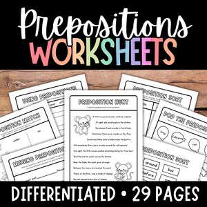 Può includere: Una raccolta di fogli di lavoro educativi per l'apprendimento delle preposizioni. Il titolo "Prepositions Worksheets" è visualizzato in lettere colorate. I fogli di lavoro includono attività come l'abbinamento, l'ordinamento e il completamento di frasi.