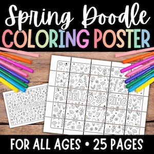 May include: A black and white coloring poster with a spring theme. The poster features a grid of 9 squares, each with a different spring-themed doodle. The doodles include flowers, butterflies, ladybugs, and the text "HELLO SPRING!" The poster is designed for all ages and includes 25 pages.