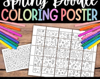 SPRING Coloring Page POSTER, Spring Doodles Coloring Sheets, Group Coloring Pages, Collaborative Coloring, Flowers Coloring, Adult, Kids