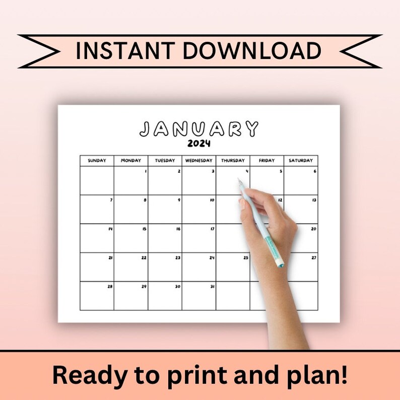 Printable 2024 Calendar, Horizontal Calendar 2024, 12 Month Calendar