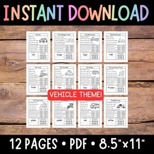 May include: A set of 12 printable worksheets featuring black and white illustrations of various vehicles, such as a car, motorcycle, scooter, train, taxi, bus, ice cream truck, food truck, and mail truck. Each worksheet includes a short story about the vehicle and a matching activity with words related to the vehicle. The worksheets are titled "Vehicle Theme!" and are 8.5 inches by 11 inches.