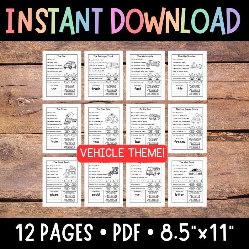 May include: A set of 12 printable worksheets featuring black and white illustrations of various vehicles, such as a car, motorcycle, scooter, train, taxi, bus, ice cream truck, food truck, and mail truck. Each worksheet includes a short story about the vehicle and a matching activity with words related to the vehicle. The worksheets are titled "Vehicle Theme!" and are 8.5 inches by 11 inches.