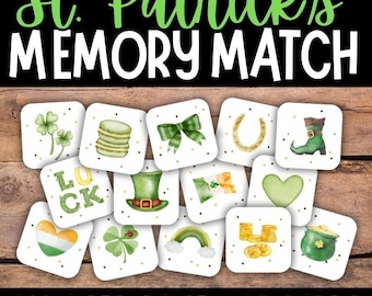 St. Patrick’s Day Card Game, Printable Memory Match, Pattern Recognition (PDF)