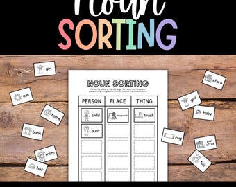 Nouns Sorting Worksheet, Cut and Paste Grammar Activity, Parts of Speech (PDF)