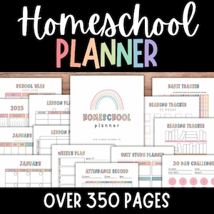 May include: A colourful homeschool planner with over 350 pages. The planner includes a variety of pages for tracking the school year, lessons, weekly plans, attendance, unit studies, reading, habits, and 30-day challenges.