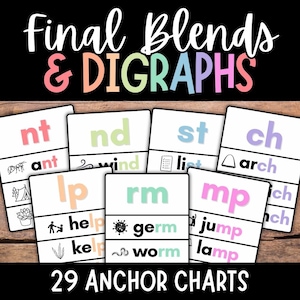 May include: A set of 29 colorful anchor charts for teaching final blends and digraphs. Each chart features a different blend or digraph, along with example words. The charts are designed to help students learn to read and spell words with these common letter combinations.