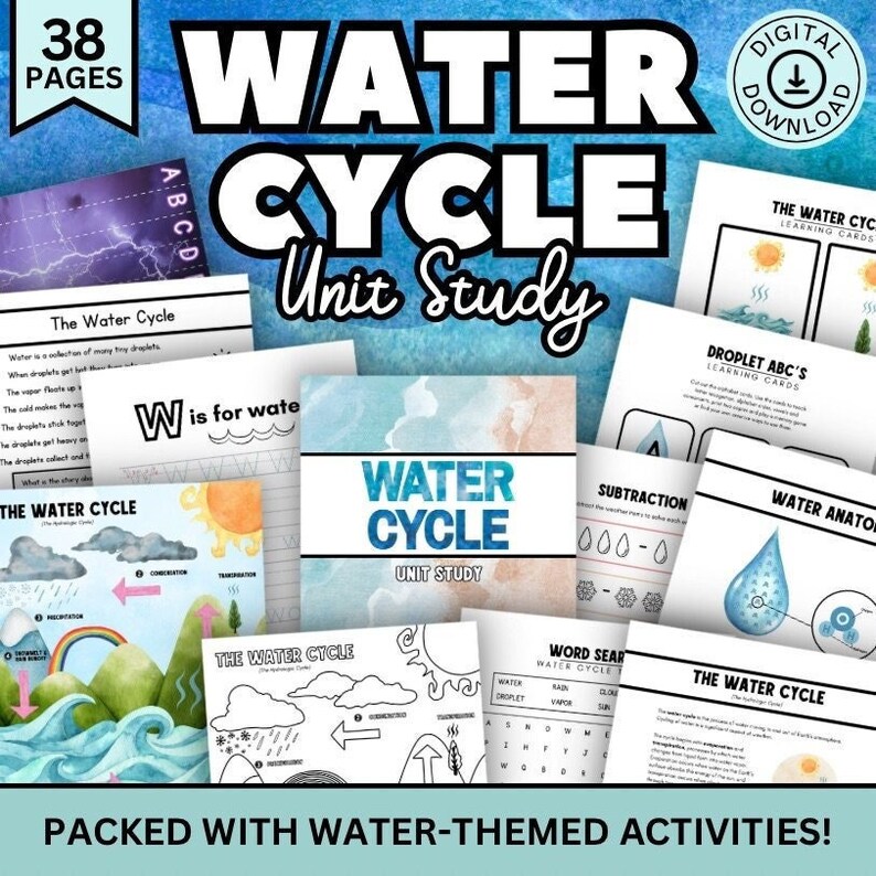 Water Cycle Unit Study, Science Study Unit, Water Unit Study, Homeschool Educational Worksheets, Montessori, Learning Worksheet Bundle image 1