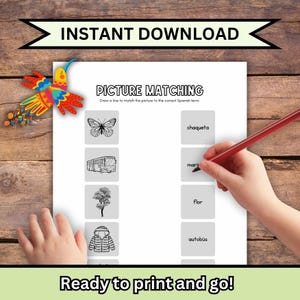 May include: A worksheet with the text "PICTURE MATCHING" and "Ready to print and go!" features illustrations of a butterfly, bus, tree, and jacket. A hand is drawing a line with a red pencil.