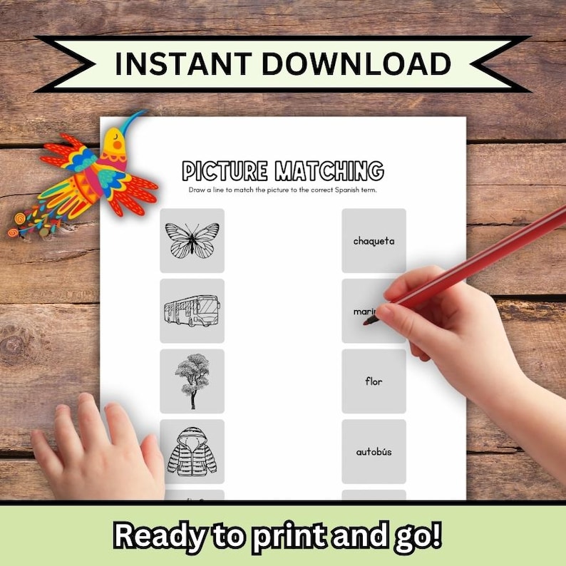May include: A worksheet with the text "PICTURE MATCHING" and "Ready to print and go!" features illustrations of a butterfly, bus, tree, and jacket. A hand is drawing a line with a red pencil.