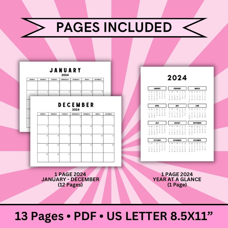 Printable 2024 Calendar, Vertical Calendar 2024, 12 Month Calendar