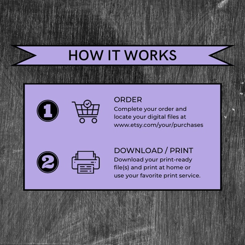 K&ouml;nnte beinhalten: Eine lila und wei&szlig;e Grafik mit dem Text "HOW IT WORKS" in einem wei&szlig;en Banner. Zwei Schritte werden beschrieben: 1. Bestellen und 2. Herunterladen/Drucken. Die Schritte werden mit Symbolen f&uuml;r einen Einkaufswagen und einen Drucker veranschaulicht.