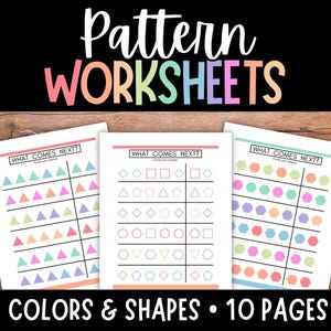 Pattern Worksheets, Shapes Patterns, Color Patterns, Math Worksheets, Complete the Pattern, Toddler, Preschool, Kindergarten, 1st Grade