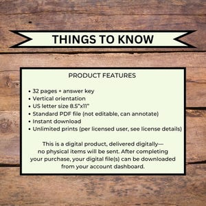 May include: A digital product information sheet with the title "THINGS TO KNOW" in a black banner. The sheet lists product features, including 32 pages, vertical orientation, US letter size 8.5"x11", a standard PDF file, instant download, and unlimited prints.