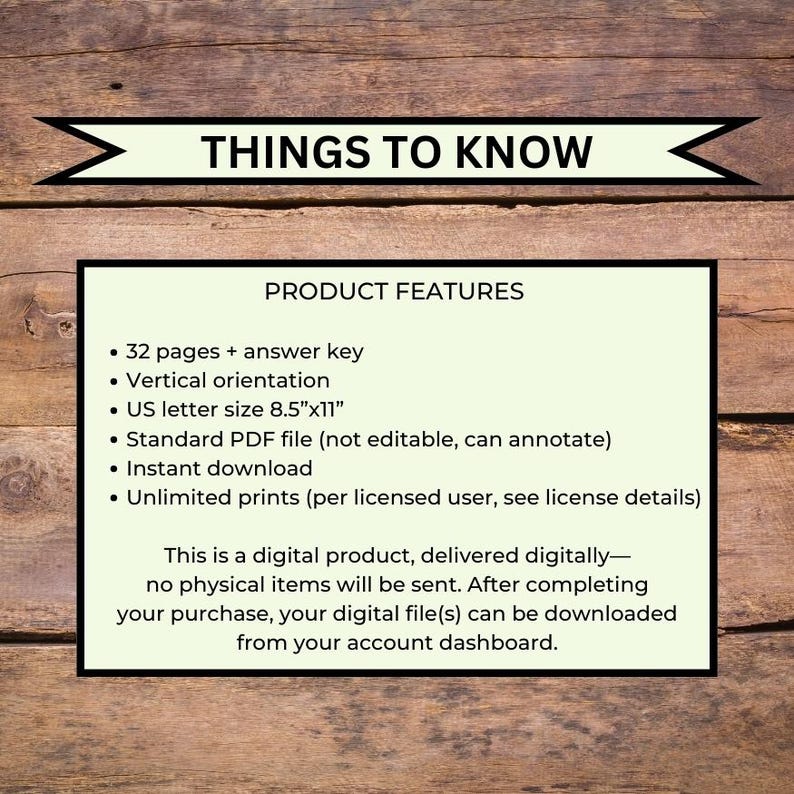 May include: A digital product information sheet with the title "THINGS TO KNOW" in a black banner. The sheet lists product features, including 32 pages, vertical orientation, US letter size 8.5"x11", a standard PDF file, instant download, and unlimited prints.