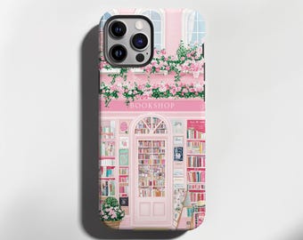 Whimsical Pink Bookshop iPhone Case: Floral Bookstore Art, Book Lover Gift