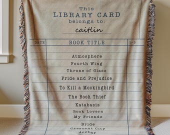 Personalized Library Card Custom Woven Blanket: Gift For Readers, Custom Bookish Gift for Book Lover, Book Nook Tapestry Decor