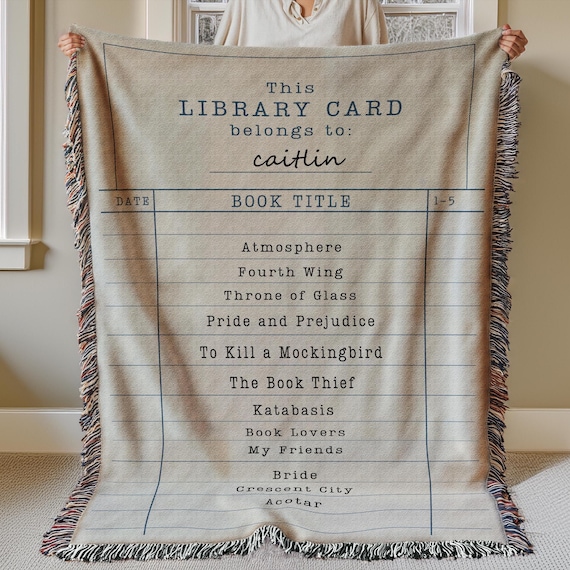 Personalized Library Card Custom Woven Blanket: Gift For Readers, Custom Bookish Gift for Book Lover, Book Nook Tapestry Decor