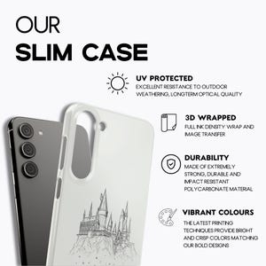 May include: A white slim phone case with a black and white castle illustration. The case is next to a black phone. Text on the case reads "OUR SLIM CASE", "UV PROTECTED", "3D WRAPPED", "DURABILITY", and "VIBRANT COLOURS".