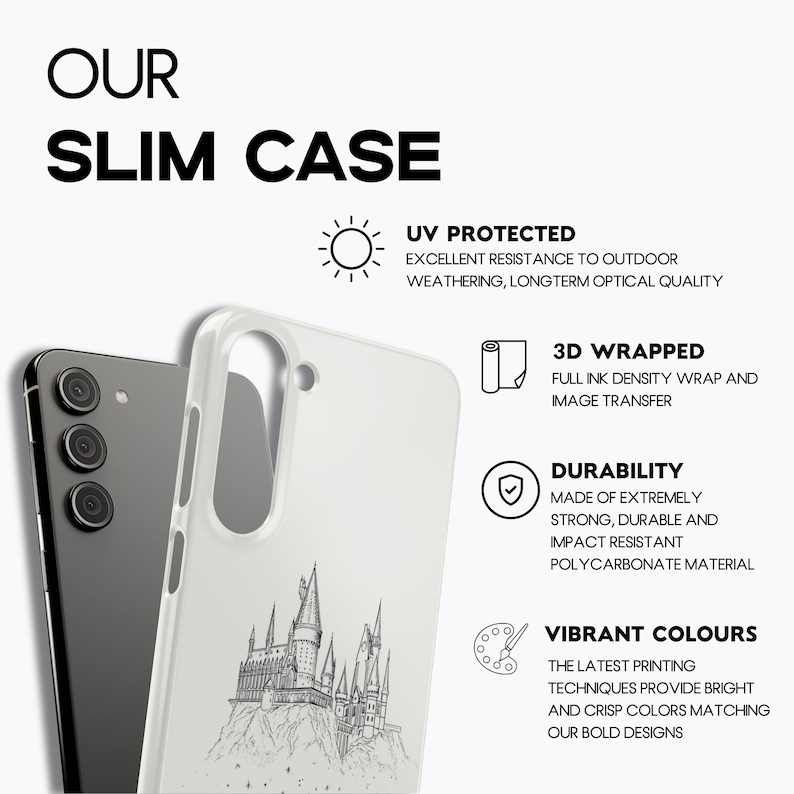 May include: A white slim phone case with a black and white castle illustration. The case is next to a black phone. Text on the case reads "OUR SLIM CASE", "UV PROTECTED", "3D WRAPPED", "DURABILITY", and "VIBRANT COLOURS".