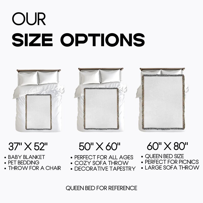 May include: Image showing three bed sizes: 37" x 52", 50" x 60", and 60" x 80". Each size is displayed on a bed with white bedding and a decorative blanket. Text indicates uses like baby blanket, sofa throw, and queen bed size.