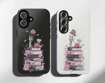 Dark Romance Book Phone Case: Gothic Floral Skeleton Hand Cover