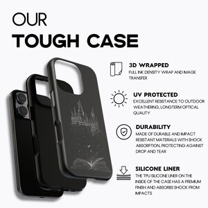 May include: Black phone cases with a castle and open book design. The cases are labeled "OUR TOUGH CASE" and feature 3D wrapping, UV protection, durability, and a silicone liner.