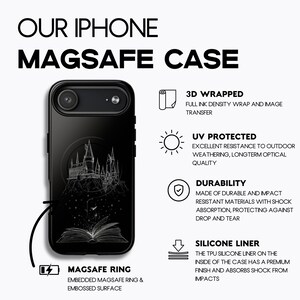 May include: Black iPhone MagSafe case featuring a detailed white illustration of a castle and an open book. The case has the text "OUR IPHONE MAGSAFE CASE" and is described as 3D wrapped, UV protected, durable, and with a silicone liner.
