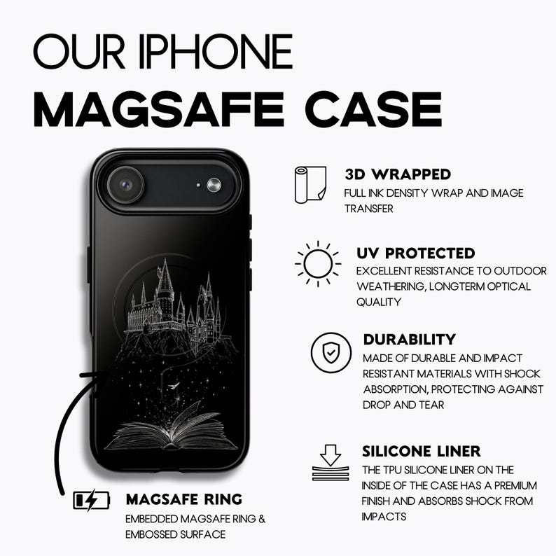 May include: Black iPhone MagSafe case featuring a detailed white illustration of a castle and an open book. The case has the text "OUR IPHONE MAGSAFE CASE" and is described as 3D wrapped, UV protected, durable, and with a silicone liner.