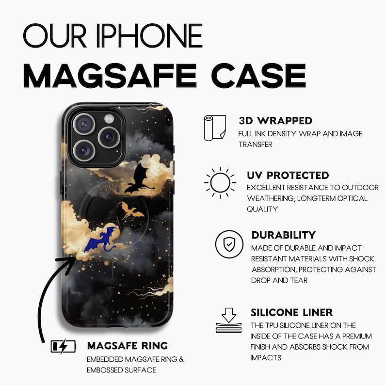 May include: Black iPhone MagSafe case with a dragon and cloud design. The case has a black background with gold and blue accents. The case is durable and impact-resistant, with a silicone liner.