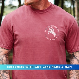 Chemise de poche personnalisée avec coordonnées de carte du lac, T-shirt personnalisé avec le nom du lac, Vêtements Lake Life, Cadeaux Lake House, Vêtements de chalet, Chemise personnalisée