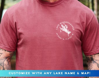 Custom Lake Map T-Shirt: Personalized Lake Name & Coordinates